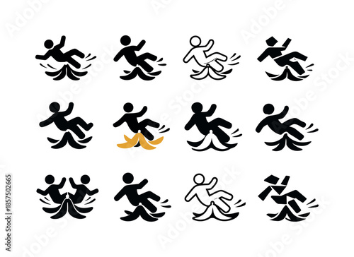 Banana Peel Logos. funny. Icon set. Set Logo of funny: banana peel slip. harmonious logo variations of the same emblematic concept, each with different