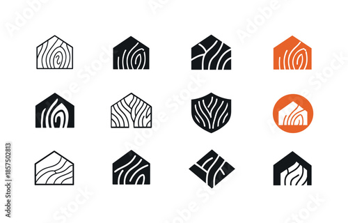 Woodworking Logo Variations. Woodworking and building furniture. Icon set. Set Logo of woodworking and building furniture: wood grain pattern. harmonious logo