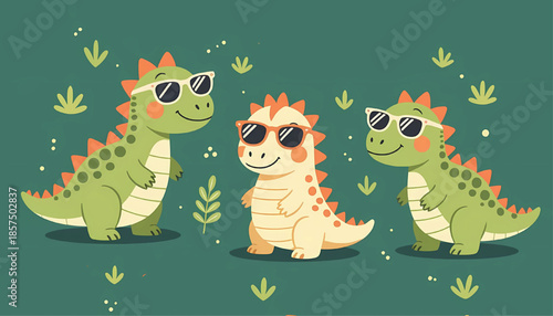 Cool Dinosaurs Wearing Sunglasses - Three Cartoon T-Rex Characters with Orange Spikes in Flat Vector Style on Forest Green Background - Kawaii Children's Illustration