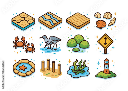 Isometric Tidal Flats Icons. Tidal flats and mudflats. Colorful isometric vector icons set of Tidal flats and mudflats: expansive mudflat pattern, tidal