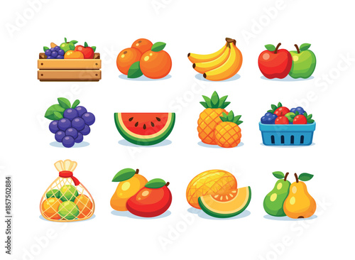 Colorful Market Fruits. Market Fruits. Colorful flat vector icons set of Market Fruits: fruit crate, oranges, bananas, apples, grapes, watermelon half,