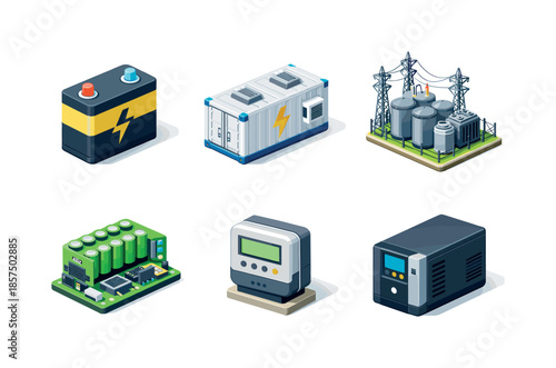 Colorful Energy Icons Grid. Energy storage. Isometric flat vector icons set of energy storage: lithium-ion battery, power storage container, grid energy