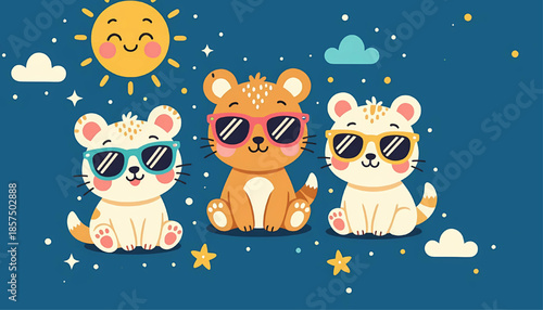for kids clothes, decoration and wallpaper, cute Bears with sunglasses  