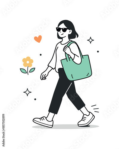 Spring Minimalist Fashion. Spring fashion minimal illustration. A person walking with a tote bag and sunglasses, suggesting everyday spring style. The scene
