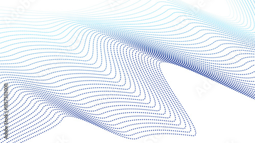 Flowing blue dotted waves gradually intensify in density and color across a pristine white field