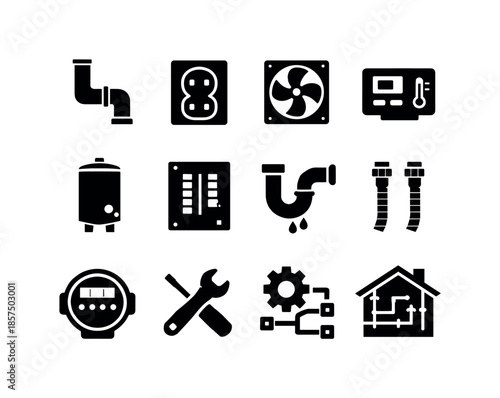 Household Utilities Icons. Household utilities. Solid icon set of Household utilities: plumbing pipe, electrical outlet, ventilation fan, thermostat, water
