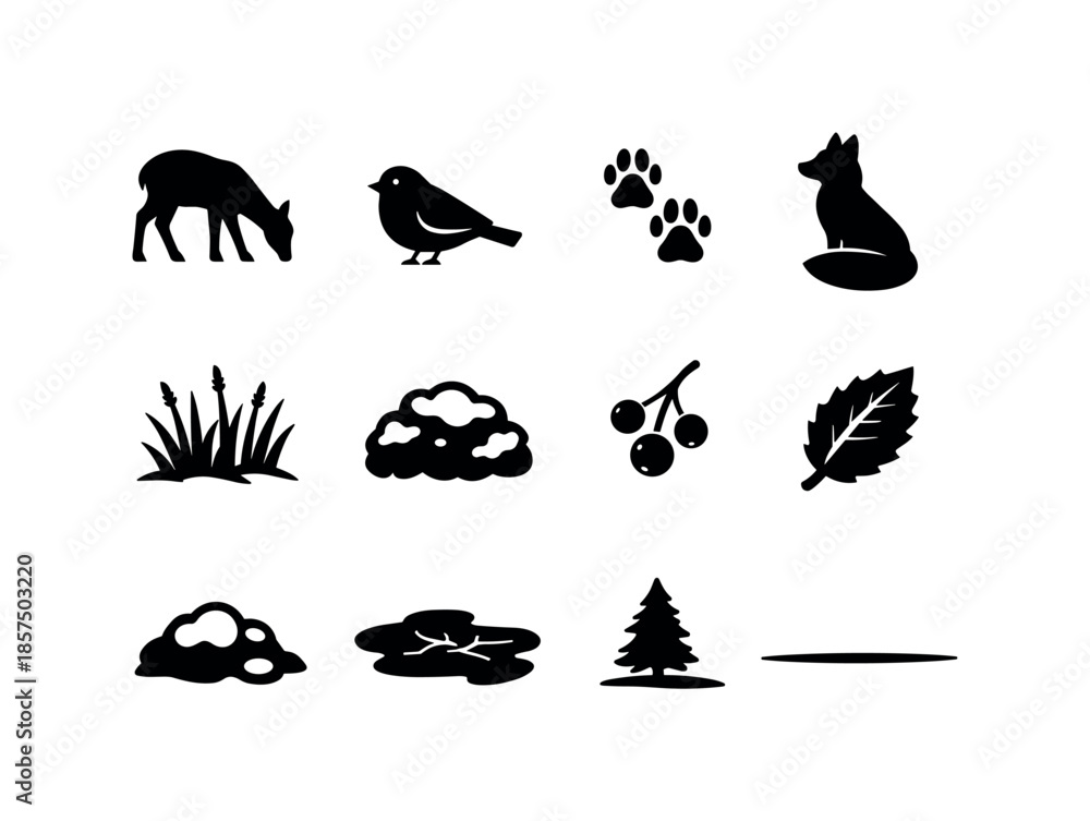Fototapeta premium Snowy Meadow Icons. Snowy meadow animals. Solid icon set of snowy meadow animals: grazing deer, small bird, rabbit tracks, fox sitting, field grass winter,