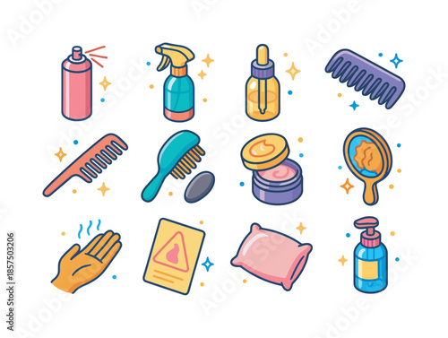 Blow Dry Essentials. Blow dry finishing touches and care. Colorful isometric vector icons set of Blow dry finishing touches and care: finishing hairspray can,
