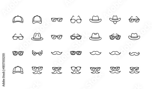 Minimal line hat glasses and mustache vector icon set isolated on white background for web and app