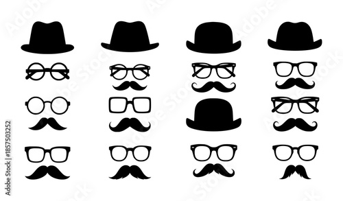 Classic hipster hat glasses and mustache vector set isolated on white background for retro branding design