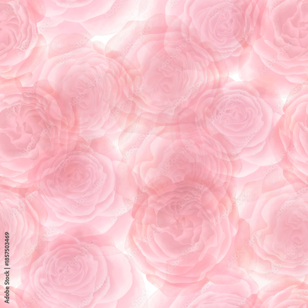 Fototapeta premium Seamless pattern featuring delicate pink rose flowers, painted in watercolor, with harmonious shades of pink. Soft, elegant style, perfect for floral designs and nature-inspired decor.