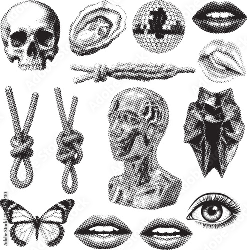Retro Halftone Collage miscellaneous grunge objects: skull, oyster, disco ball, metallic head bust, knot, butterfly, lips Parts Illustration Set, Vintage Dotted Pop Art Style Vector.