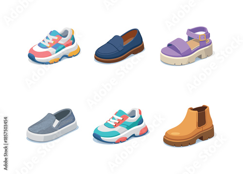 Colorful Footwear Icons. Footwear Trends. Isometric flat vector icons set of Footwear Trends: chunky sneakers, minimalist loafers, platform sandals, ankle