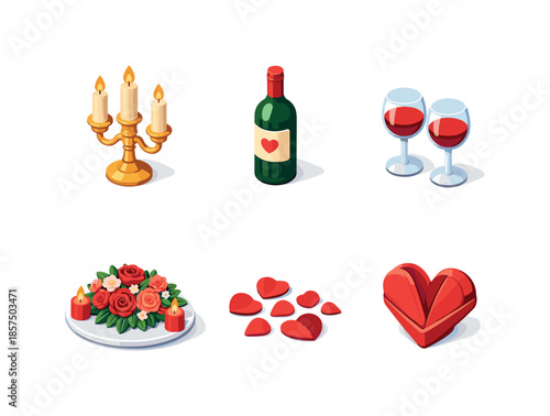Isometric Romantic Dinner Icons. Romantic dinner decor. Isometric flat vector icons set of romantic dinner decor: candle holder, wine bottle, wine glasses,