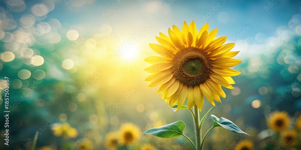 Obraz premium A single sunflower basks in the warm glow of the setting sun, its vibrant yellow petals reaching towards the heavens in a field of its brethren, a breathtaking display of nature's artistry.