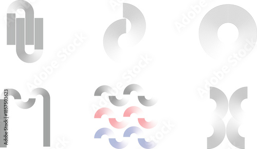 Six distinct geometric line patterns explore interlocking forms and segmented circular elements in monochrome