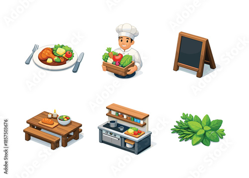 Farm-to-Table Icons. Farm-to-table dining. Isometric flat vector icons set of farm-to-table dining: restaurant plate with local food, chef holding fresh