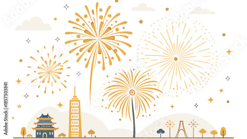 Celebratory fireworks illuminating an asian cityscape with traditional and modern architecture