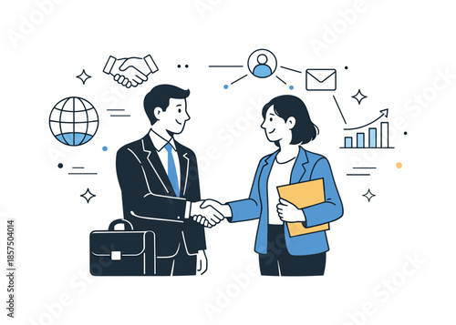 Business Handshake Illustration. Professional relationship building. Two business characters shaking hands with subtle network icons in the background. Warm,