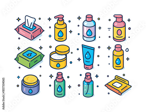 Colorful Hydrating Cleansers Icons. Hydrating cleansing products. Colorful isometric vector icons set of hydrating cleansing products: hydrating wipes,