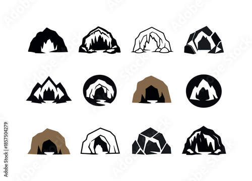 Cave Icons Collection. Caves and caverns. Icon set. Set Logo of Caves and caverns: cave map symbol. harmonious logo variations of the same emblematic concept,