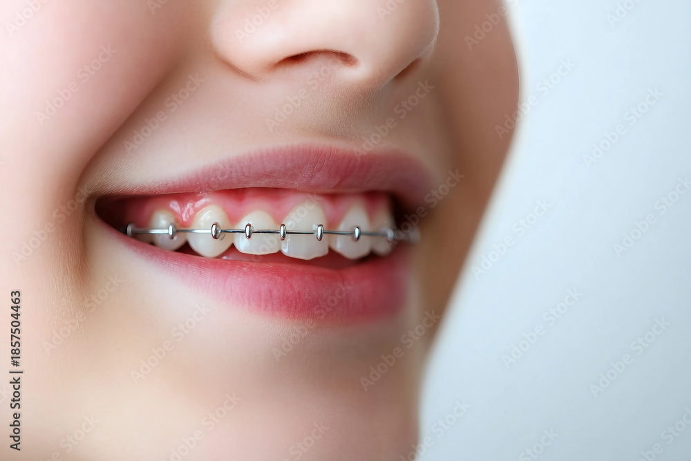 Obraz premium Close-up of a smiling kids mouth with braces, showing dental care, orthodontic brackets and healthy teeth, generative ai