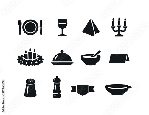 Festive Icons Collection. Festive table settings. Solid icon set of festive table settings: dinner plate, fork and knife, wine glass, napkin folded, candle