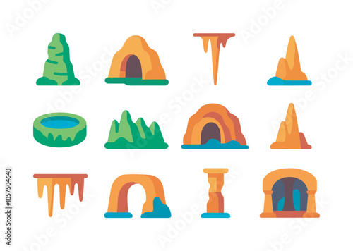 Karst Icon Collection. Karst Formations. Colorful flat vector icons set of karst formations: limestone tower, cave entrance, stalactite, stalagmite, sinkhole,