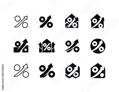 Interest Rate Symbols. Interest rates and bonds. Icon set. Set Logo of Interest rates and bonds: percentage symbol with arrow. harmonious logo variations of