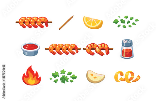 Shrimp Skewer Icons. Shrimp skewers. Colorful flat vector icons set of shrimp skewers: grilled shrimp, wooden skewer stick, lemon wedge, herb sprinkle, dipping