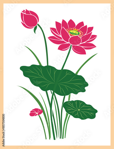 A vibrant bouquet of pink lotus and white flowers in an arched frame, Traditional Mughal flower motif. Traditional wall decorative flower painting. Mughal wall paintings.