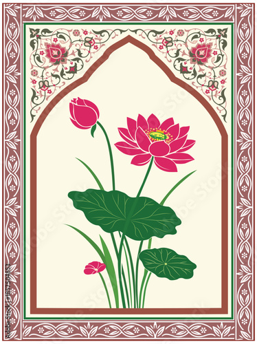 A vibrant bouquet of pink lotus and white flowers in an arched frame, Traditional Mughal flower motif. Traditional wall decorative flower painting. Mughal wall paintings.