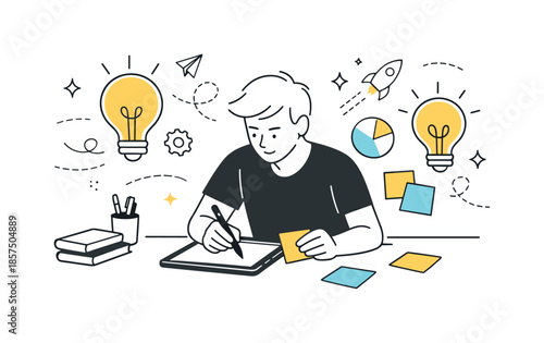 Creative Entrepreneurial Workspace. Entrepreneurial mindset. A solo founder sketching ideas on sticky notes and a tablet. Focused creativity and optimism,