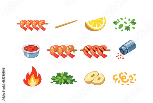 Shrimp Skewer Icons. Shrimp skewers. Colorful flat vector icons set of shrimp skewers: grilled shrimp, wooden skewer stick, lemon wedge, herb sprinkle, dipping