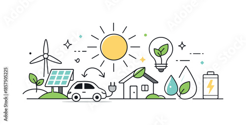 Eco-Friendly Energy Icons. Green energy spring concept. An editorial composition featuring simple icons like leaves, sun, and eco symbols, suggesting renewable