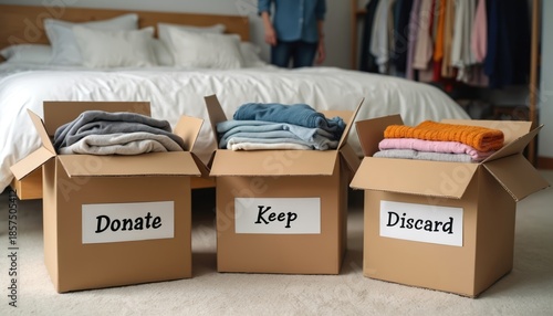 Three cardboard boxes labeled Donate Keep Discard with clothes sorted inside a bedroom. Person is visible in background near bed and clothes rack. Decluttering process for neat home organization.