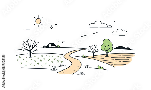 Serene Spring Landscape. Early spring landscape scene. Minimal horizon with fields, paths and sparse trees, gentle color palette and calm editorial feeling of