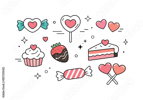 Valentine's Day Sweets. Valentine?s Day Food and Sweets Motifs. Modern abstract sweets icons including candies, lollipops, and cake slices floating gently.
