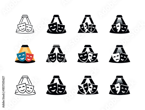 Theatrical Mask Logos. A live theater performance with actors wearing masks. Icon set. Set Logo of A live theater performance with actors wearing masks: stage