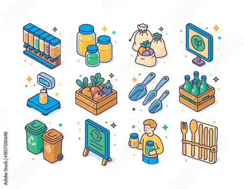 Zero-Waste Market Icons. Zero-waste food market. Colorful isometric vector icons set of Zero-waste food market: bulk dispensers wall, reusable glass jars,