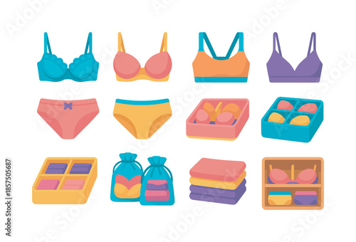 Lingerie Storage Icons. Lingerie storage. Colorful flat vector icons set of lingerie storage: lace bra, padded bra, sports bra, bralette, silk panties, cotton