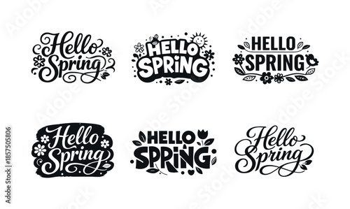 Spring Lettering Variations. Hello Spring Banner. Set lettering. harmonious lettering variations of the same emblematic concept, each with different artistic