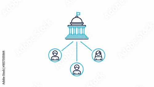 Government Leadership Icon – Capitol Building Connected to Citizens. Vector Line Art, Minimalist Design, Editable Stroke, Blue Outline on White.