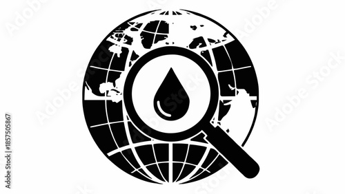Global Water Crisis Concept Icon – Magnifying Glass Over Earth with Water Droplet Inside. Thin Line Vector, Editable Stroke, Minimalist Design.