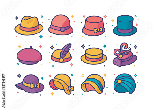 Vintage Hat Icons. Vintage Hats. Colorful isometric vector icons set of Vintage Hats: fedora, cloche hat, pillbox hat, bowler hat, beret, flapper headband,