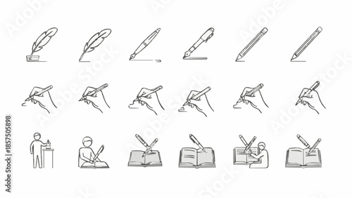 Writing Instruments and Hand Positions Vector Icons Set - Pen Pencil Fountain Pen Hand Grip Posture Education School Student Teacher Notebook Journal Design