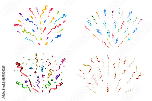 Multi Style Confetti Explosions With Rainbow Ribbons And Metallic Streamers Illustration