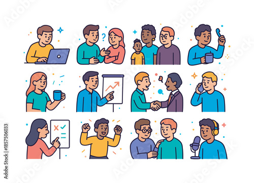 Isometric Startup Founders Icons. Startup founders. Colorful isometric vector icons set of Startup founders: solo founder at laptop, cofounder duo discussing,