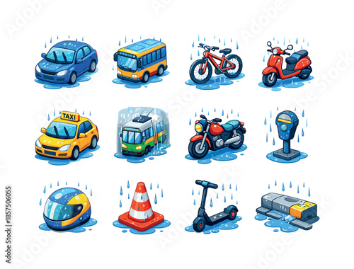 Rainy Transport Icons. Rainy transportation. Colorful isometric vector icons set of rainy transportation: car with wet windshield, bus in rain, bicycle with