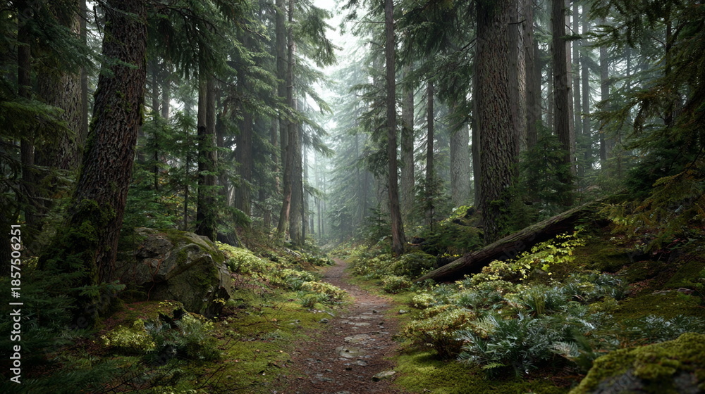 Obraz premium A peaceful dirt path winds through a misty, green forest with tall evergreens, moss-covered ground, and dense undergrowth in a serene natural setting